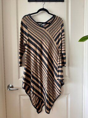 Striped Boho Poncho Tunic | Cozy Minimalist Lagenlook Oversized Layering Top